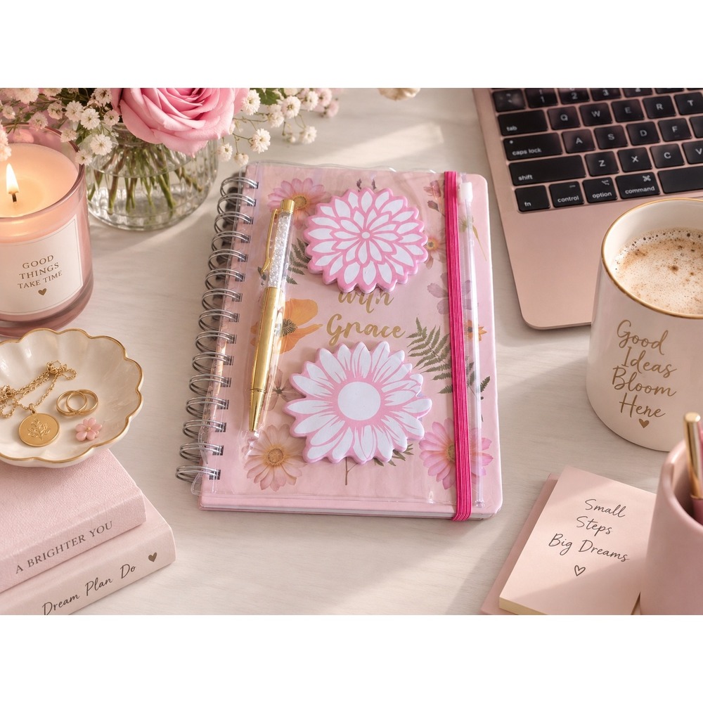 Votum Grow with Grace Pink Floral Spiral Journal Set with Pen and Sticky Notes